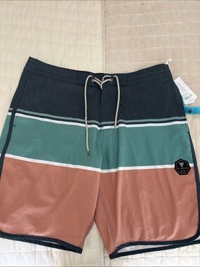 VISSLA Men’s Striped Boardshorts in Navy, Teal & Rust